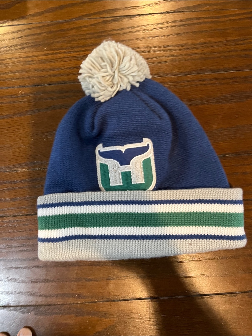 Kids Blue Pom Beanie with Green & White Trim - Hartford Whalers Style